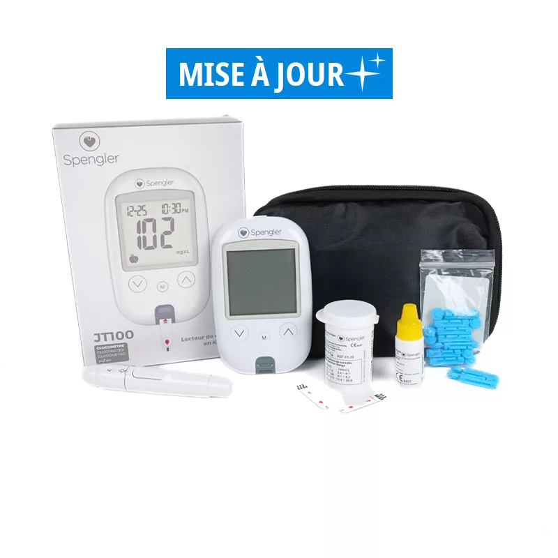 KIT-GLUCO-JT100-a-jour glucomètre Spengler JT100, kit glycémie complet, lecteur de glycémie précis, autotest diabète Spengler, glucomètre USB-C, glucomètre 12 % biais, bandelettes JT100