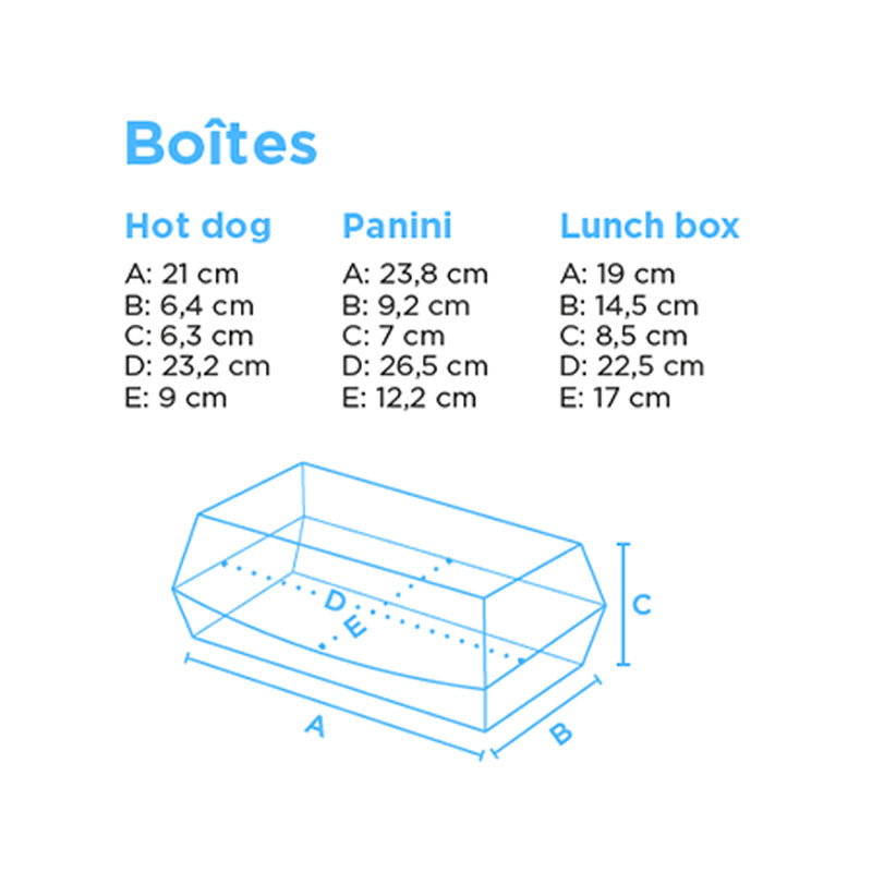 mesure de la boite hot dog, panini et lunch box kraft