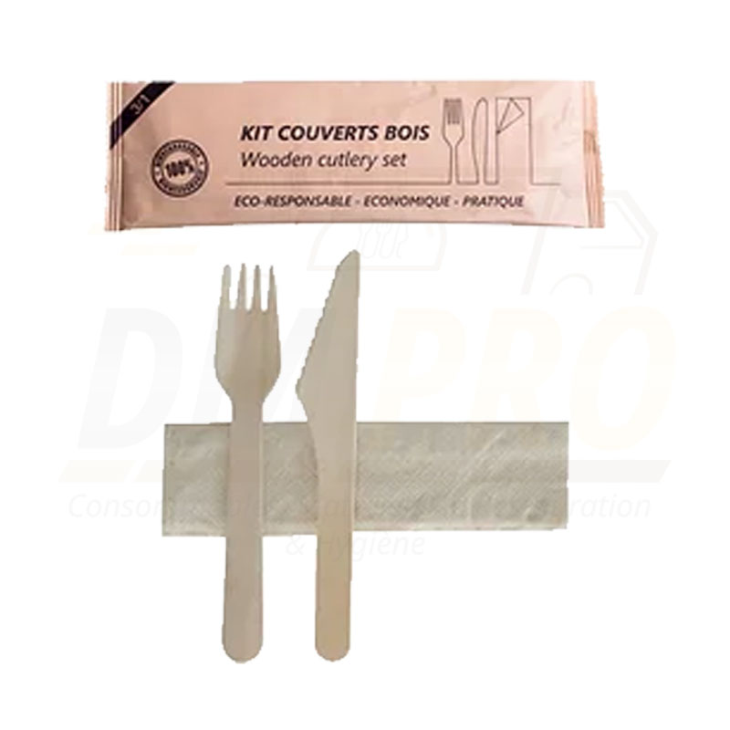 Set de couverts en bois 3 en 1 fourchette couteau serviette