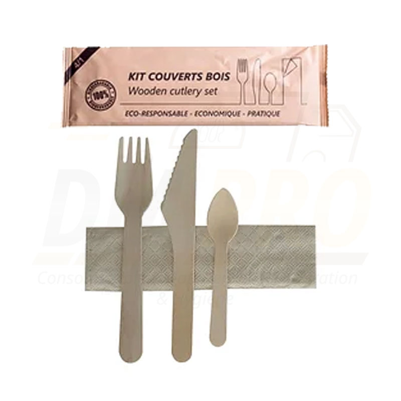 Set de couverts en bois 4 en 1 fourchette couteau cuillère serviette