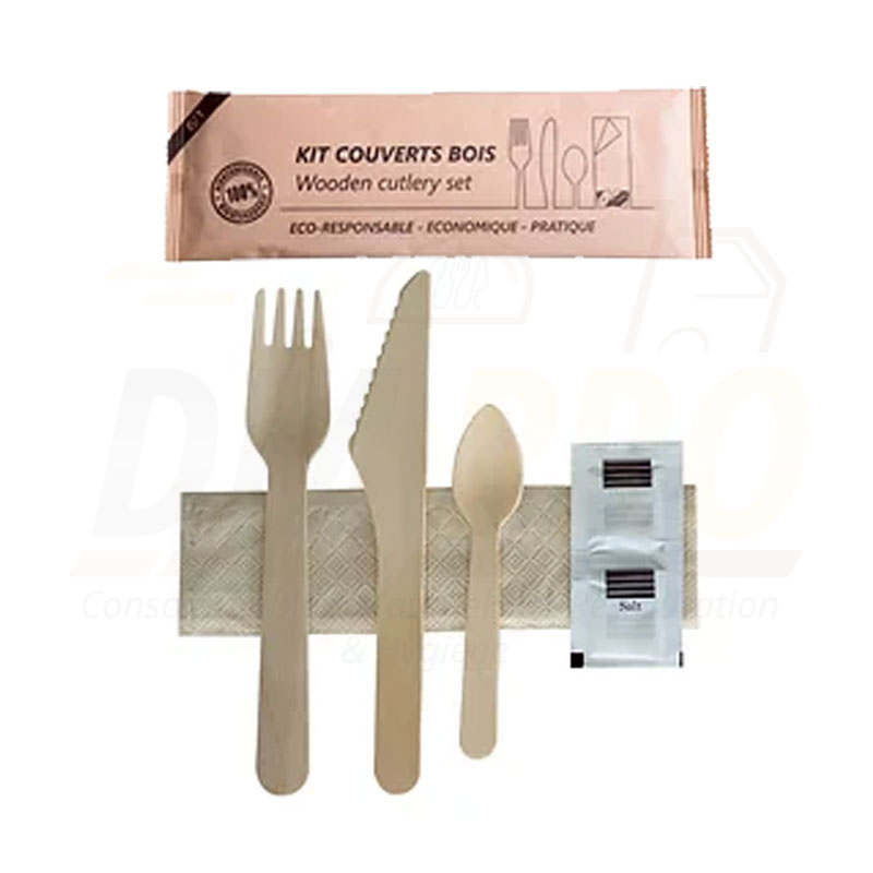 Set de couverts en bois 6 en 1 fourchette couteau cuillère serviette poivre sel