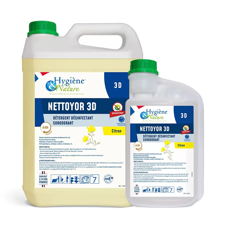 Détergent désinfectant sols et surface Nettoyor 3D citron 5L et 1L