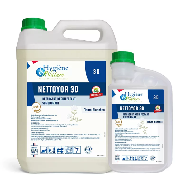 Détergent désinfectant sols et surface Nettoyor 3D fleurs blanches 5L et 1L