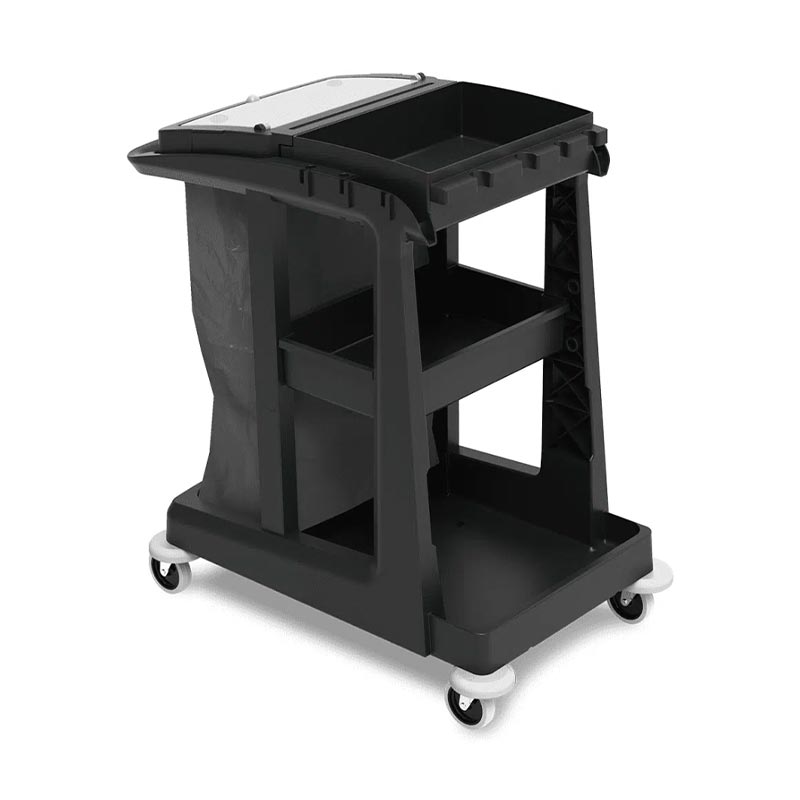 chariot de ménage ECO-1 est compact et pratique. Ce chariot possède un collecteur de déchets de 120L avec couvercle et une zone de stockage avec des étagères de rangement.