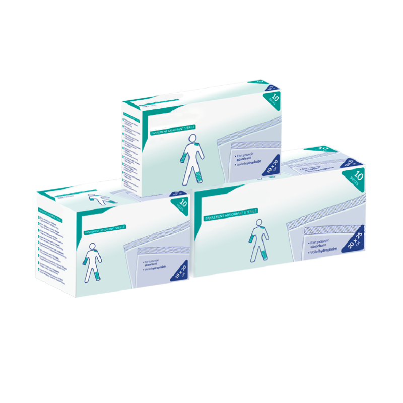 Pansement absorbant non adhérent stérile ensemble avec 3 dimensions différentes