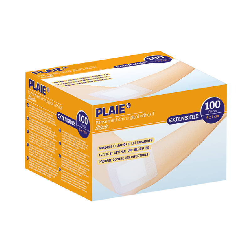 pansement adhésif avec compresse stérile de 5x7 cm en boite de 100. Absorbe le sang ou les exsudats, traite et atténue une blessure et la protège contre l'infection