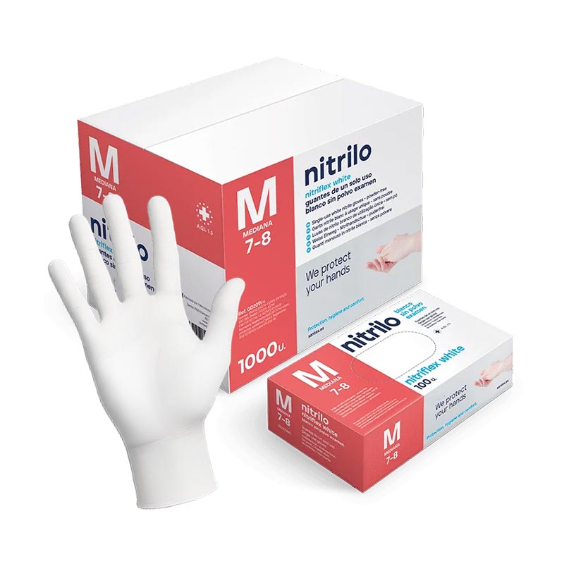 Gants en nitrile professionnelle blanc sans poudre et non stérile de couleur blanche distribué en boîte de 100