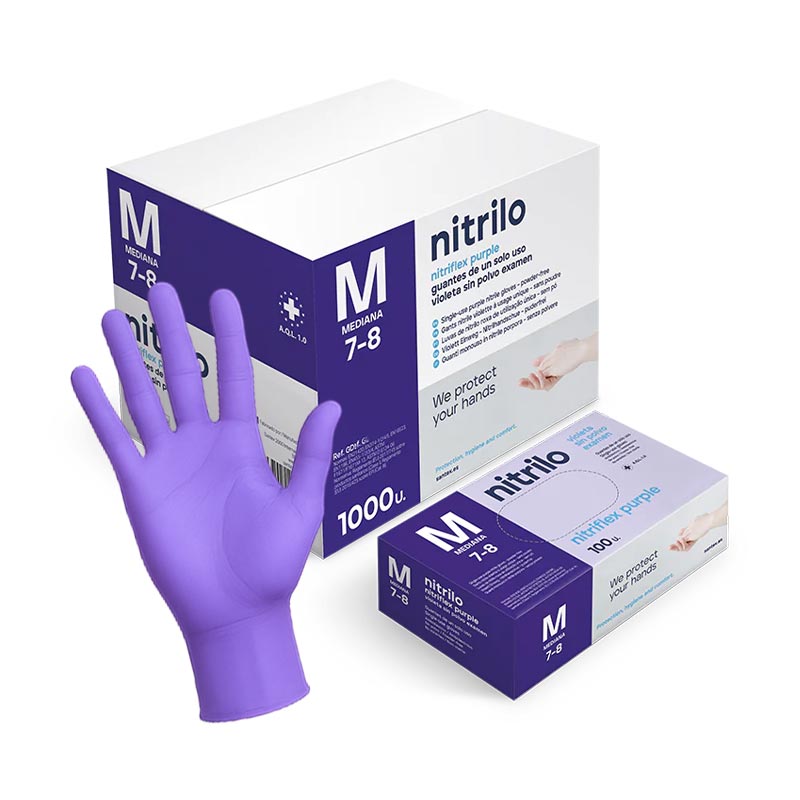 Gants en nitrile blanc sans poudre et non stérile de couleur violet distribué en boîte de 100