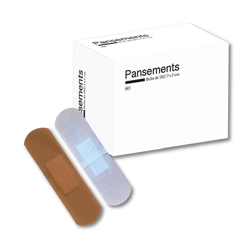 pansement adhésif prise de sang et petite blessure de 7x2 cm dans une boite de 100 pansements