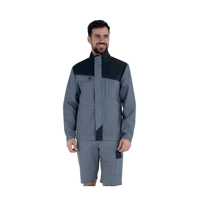 blouson de travail de couleur gris et charbon industriel porté