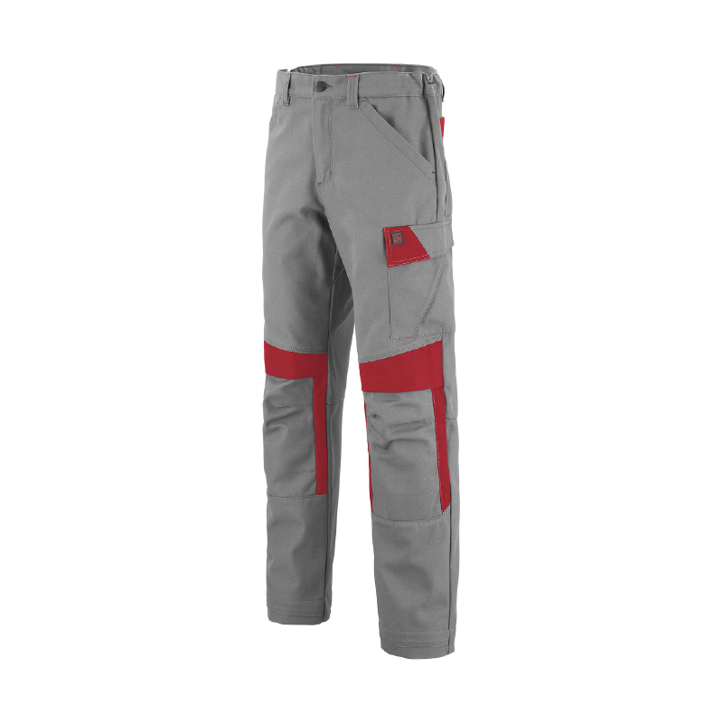 pantalon de travail de couleur gris clair et rouge industriel manches