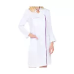 Blouse blanche professionnelle longue femme, manches longues transformables, coupe ample, fermeture latérale par pressions sous patte, 2 poches basses, 1 poche BIP, 1 poche poitrine passepoilée, soufflet d'aisance dos, fentes côtés, longueur 100 cm