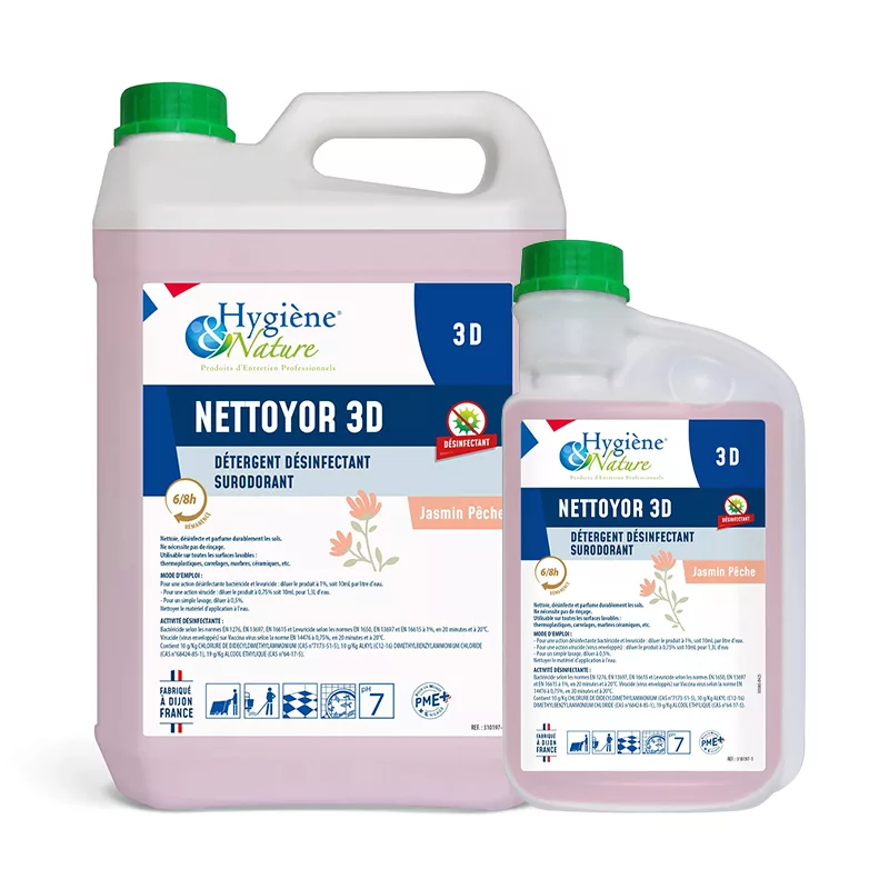 Détergent désinfectant sols et surface Nettoyor 3D jasmin pêche 5L et 1L
