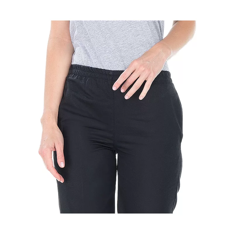 Pantalon noir professionnelle mixte, ceinture élastique, 2 poches couture, bas fini, longueur d'entrejambe 82 cm zoomé