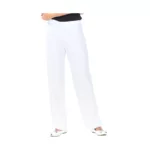 Pantalon femme blanc, ceinture élastique dos, réglage élastique à boutonnière, fermeture ZIP côté gauche, sans poche, bas fini, longueur d'entrejambe 82 cm