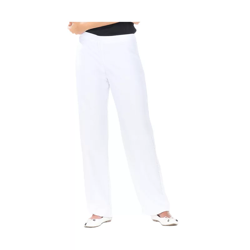 Pantalon femme blanc, ceinture élastique dos, réglage élastique à boutonnière, fermeture ZIP côté gauche, sans poche, bas fini, longueur d'entrejambe 82 cm