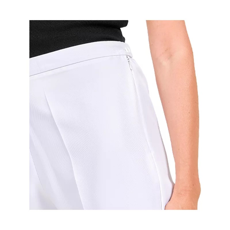Pantalon blanc pour femme, ceinture élastique dos, réglage élastique à boutonnière, fermeture ZIP côté gauche, sans poche, bas fini, longueur d'entrejambe 82 cm, zoomé