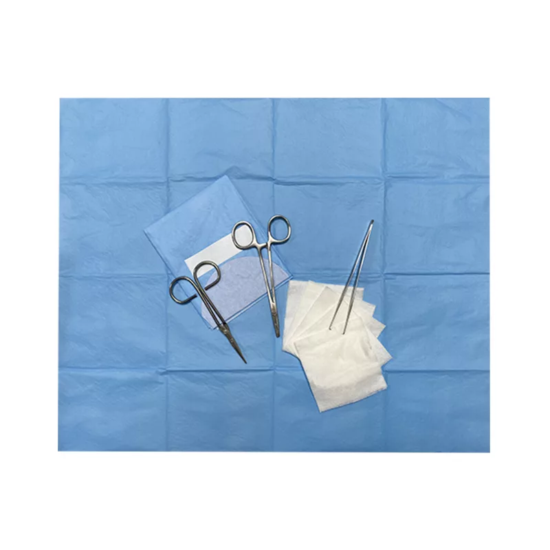 Set de suture stérile usage unique. Comprend champ patient imperméable, pinces, ciseaux pointus, compresses non tissées et instruments divers. Dispositif médical Classe Is.