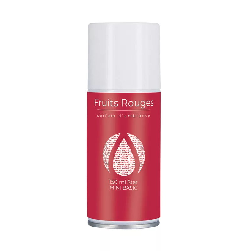 aérosol MiniBasic Fruits Rouges, recharge désodorisante Prodifa fruitée, parfum fruits rouges, diffuseur automatique parfum gourmand