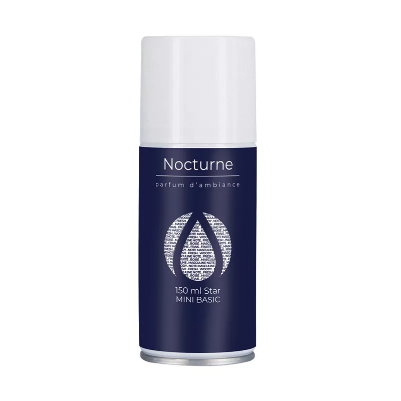 aérosol MiniBasic Nocturne, recharge désodorisante, parfum boisé élégant, diffuseur automatique senteur raffinée