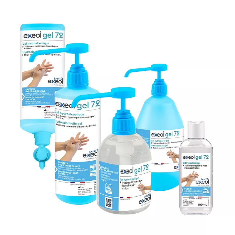gel hydroalcoolique Exeol Gel 72, gel désinfectant mains Sodel, gel mains 72 % éthanol, gel friction hygiénique panthénol, biocide TP1, gel mains sans parfum
