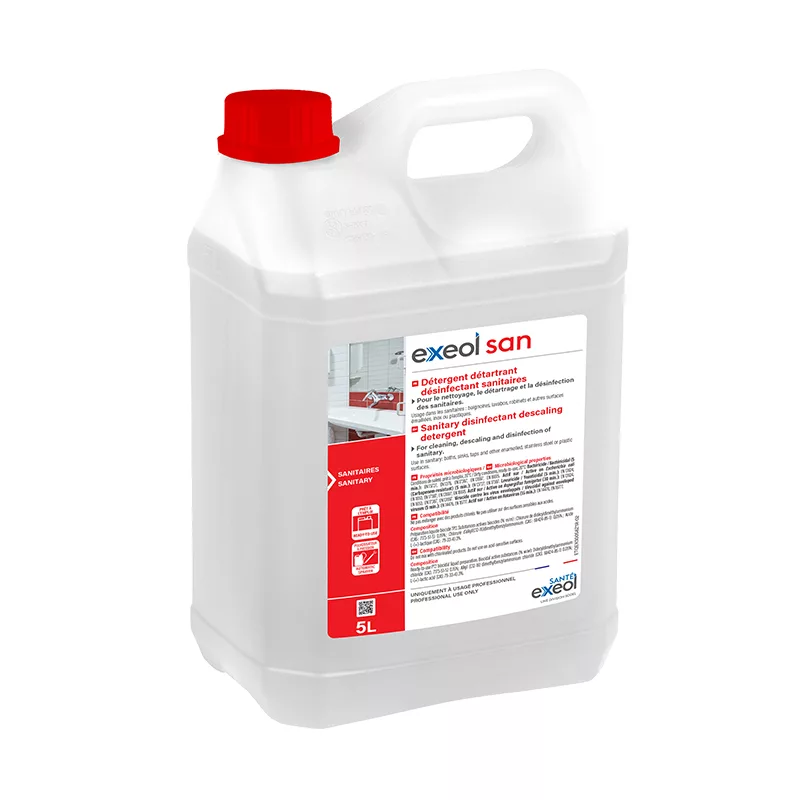 Exeol San 5L, détartrant détergent désinfectant sanitaire professionnel, nettoyant acide sanitaire, désinfectant WC Sodel, détartrant virucide, bidon 5 litres sanitaire