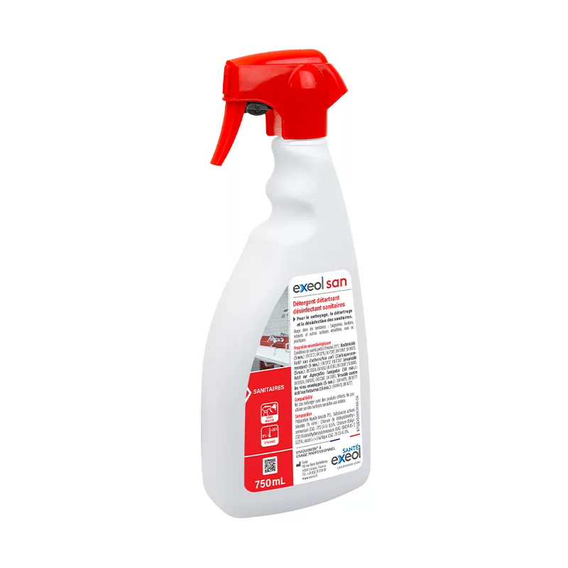 Exeol San, spray détergent désinfectant détartrant sanitaires, nettoyant sanitaire acide, spray mousse Exeol, désinfection toilette Sodel, biocide TP2 sanitaire
