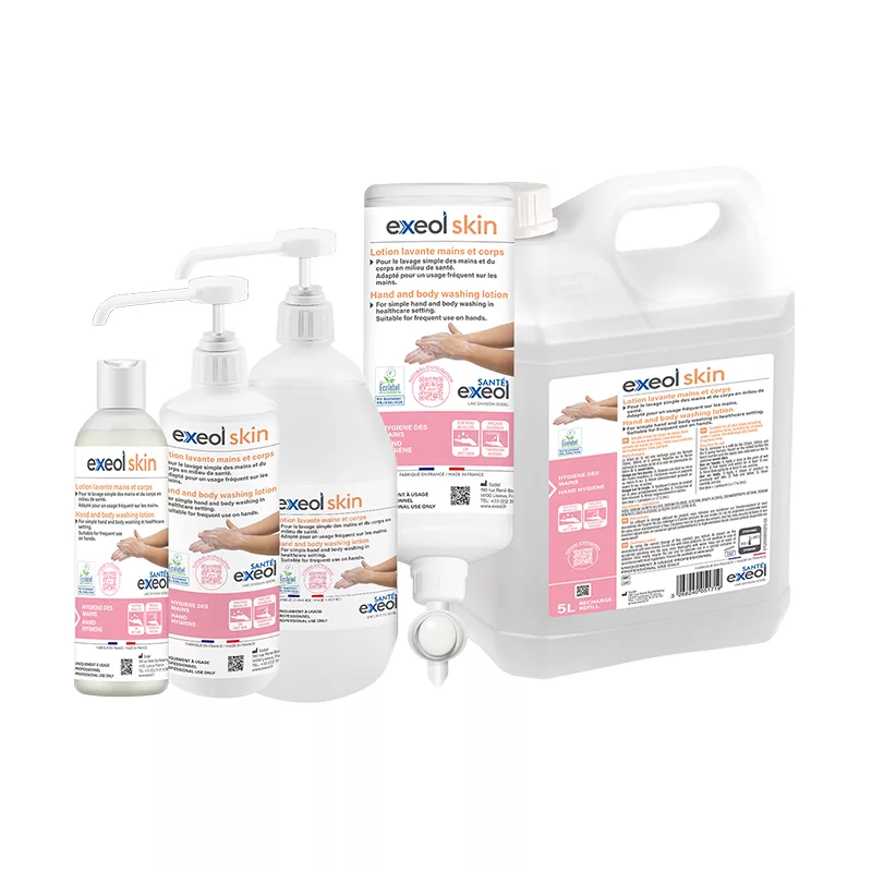 Lotion lavante mains et corps Ecolabel, Savon doux professionnel, sans parfum, peau sensible, Exeol Skin