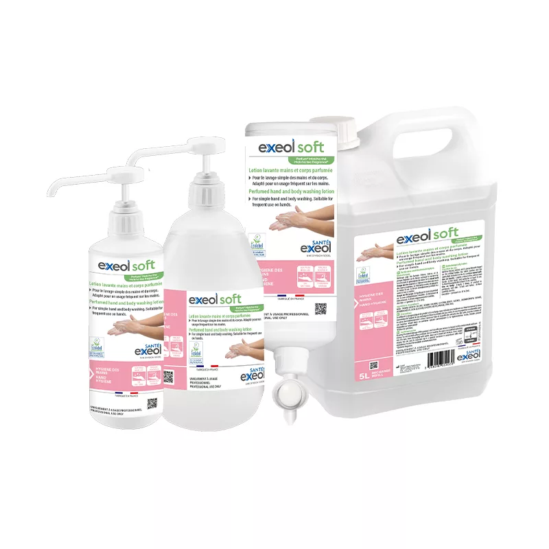 lotion lavante mains professionnelle, savon mains ecolabel, exeol soft, savon mains et corps usage fréquent, lotion lavante matcha thé, hygiène des mains professionnelle