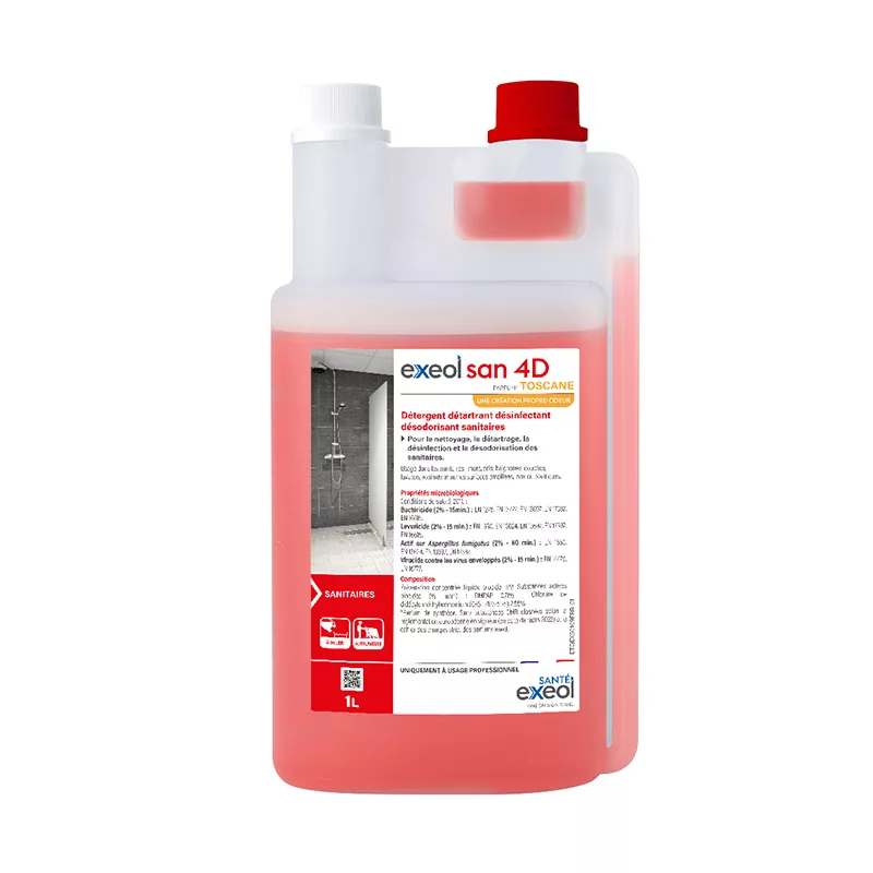 détergent désinfectant sanitaires, détartrant sanitaire professionnel, exeol san 4d, nettoyant wc désinfectant 1L, désinfection sanitaires collectivités, produit sanitaire 4 en 1 1L
