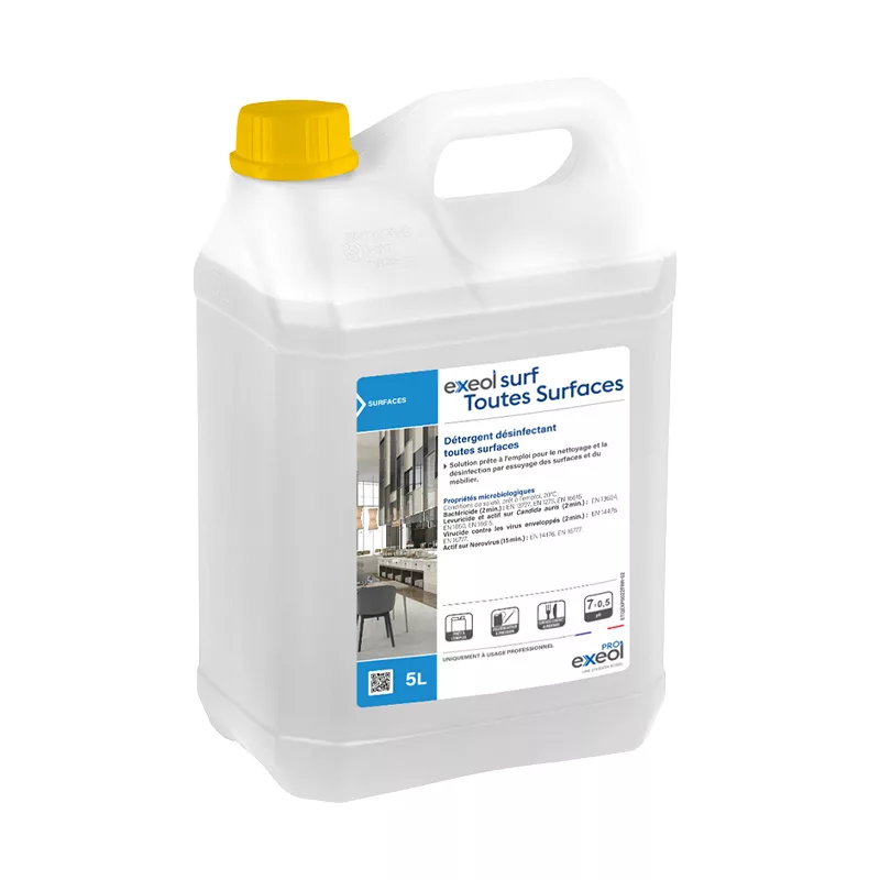 détergent désinfectant toutes surfaces 5L, désinfectant sans alcool professionnel, exeol surf, produit désinfectant surface médicale, bidon nettoyant désinfectant virus enveloppés, désinfection surfaces collectivités